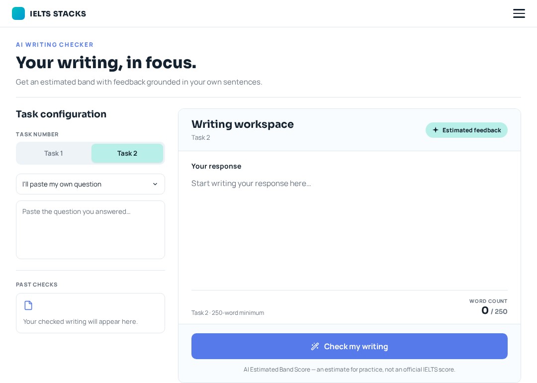Illustrative AI writing checker screen with a writing workspace and task settings