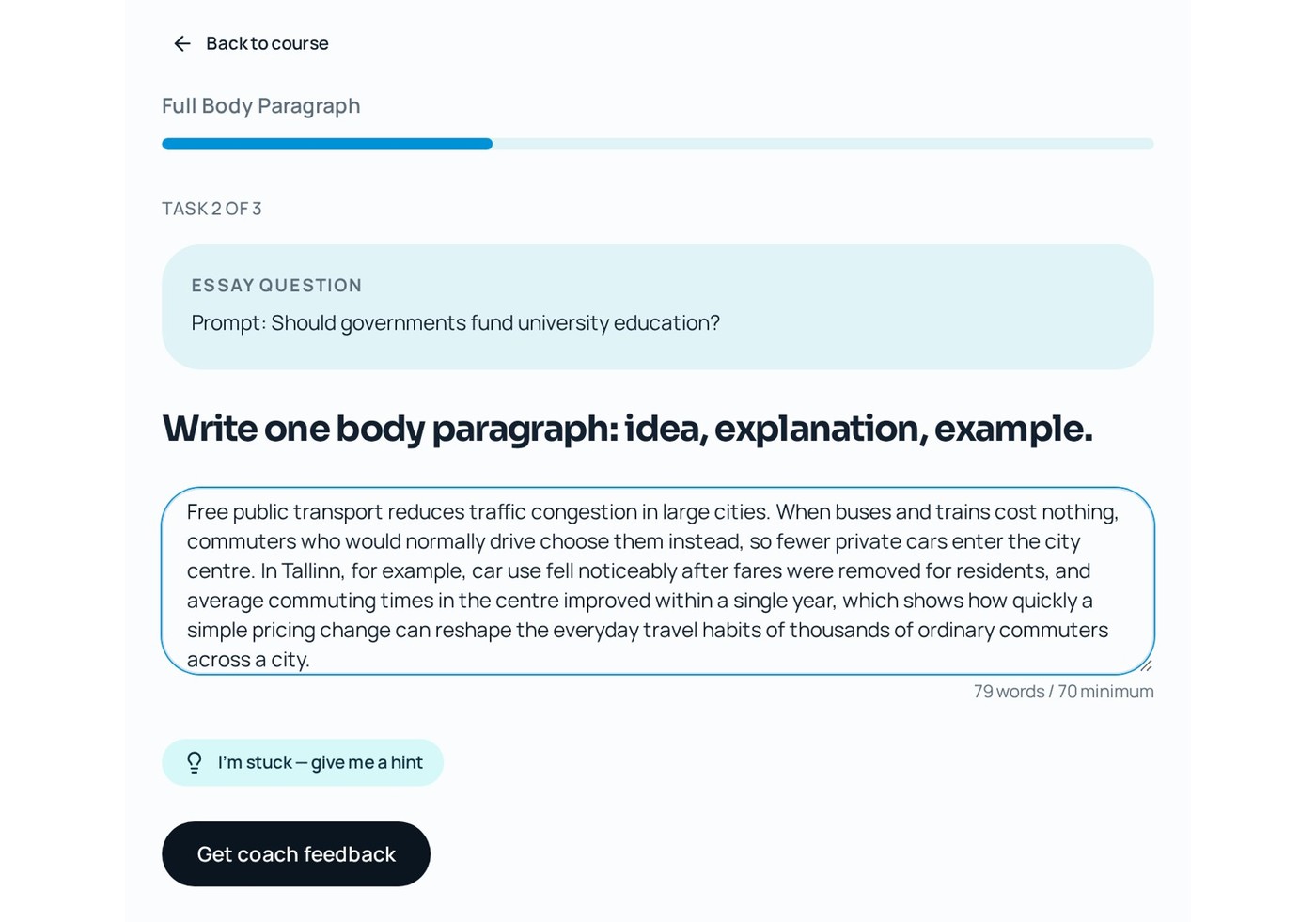 IELTS Stacks writing task where the learner drafts a full body paragraph for coach feedback